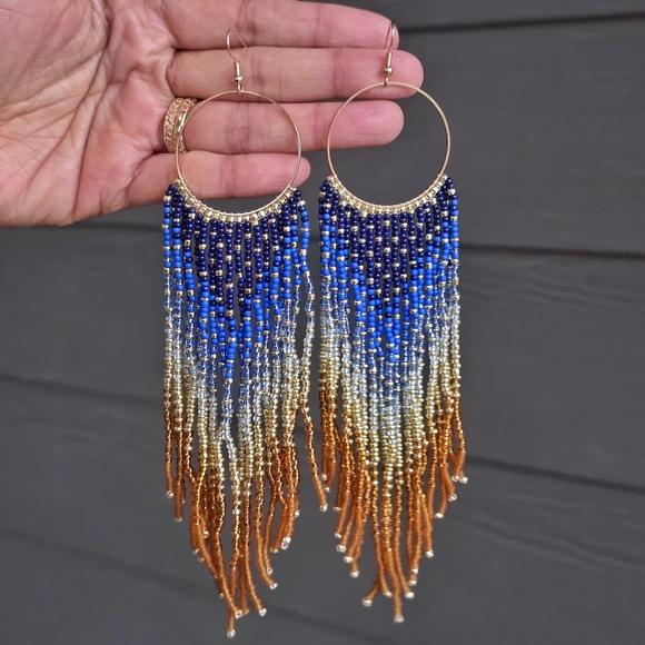 Hand Crafted Jewelry - Rainbow Geo Long XL Boho Beaded Earrings Handmade Western Jewelry Tribal Boheme